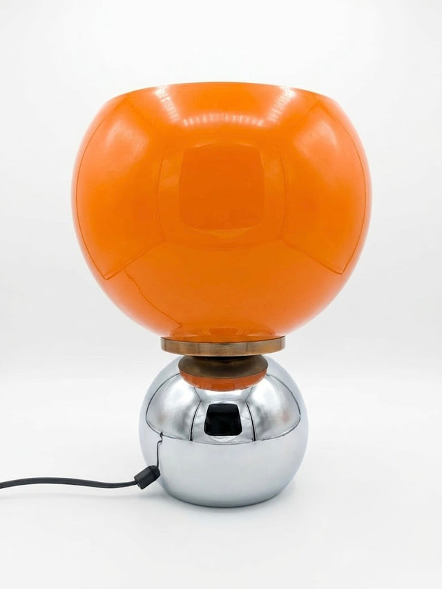 Lampe à poser vintage en chrome et verre opalin orange – Style Space Age – Époque 1980