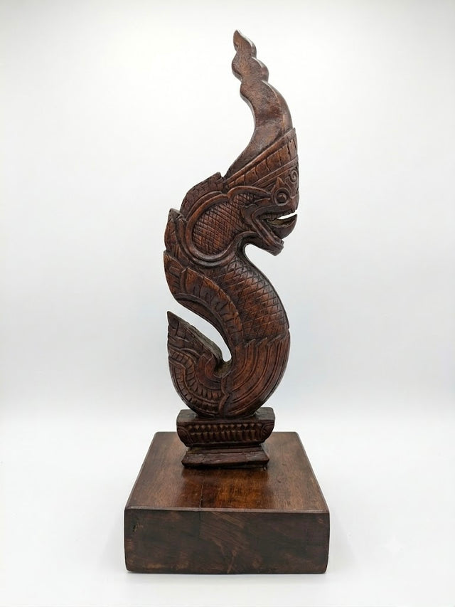 Rare sculpture de Naga protecteur en bois sculpté – Dragon asiatique – XIXe siècle