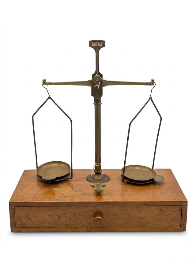 Ancienne balance trébuchet de précision en laiton avec ses poids – Complète et fonctionnelle