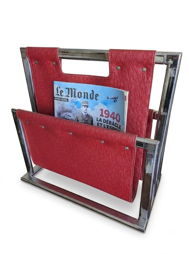 Porte-revues vintage italien en cuir et métal chromé – Design années 1970