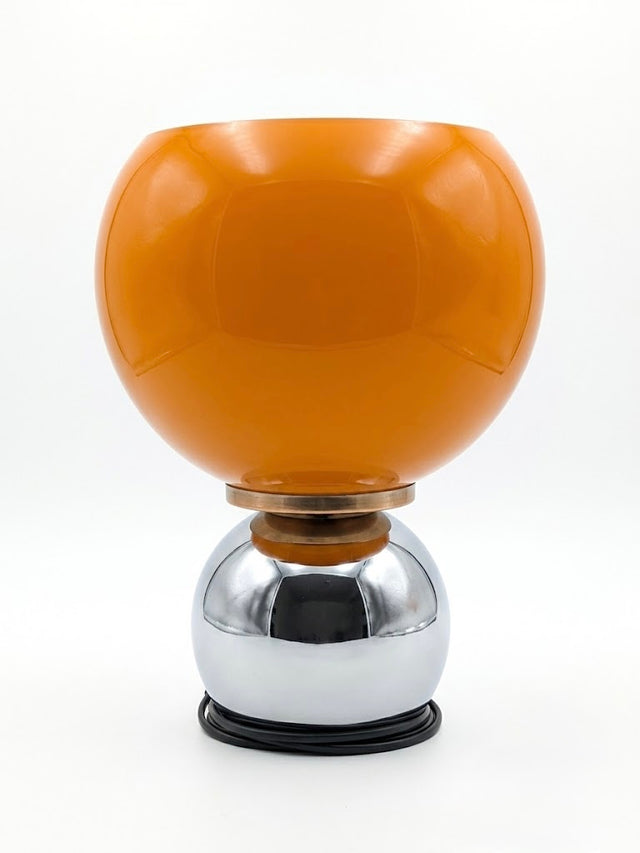 Lampe à poser vintage en chrome et verre opalin orange – Style Space Age – Époque 1980